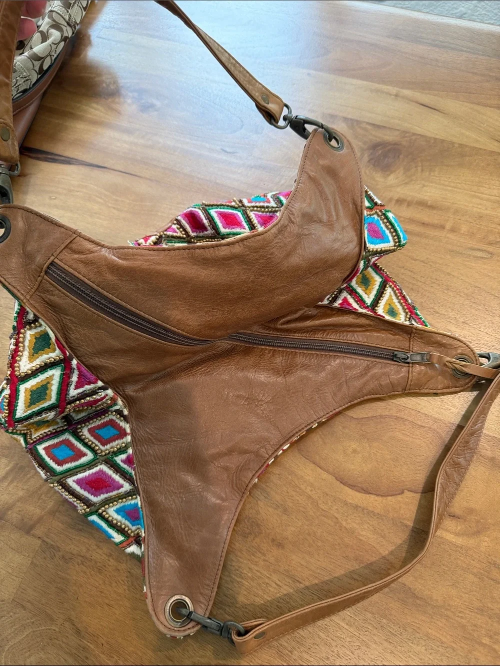 Mary Frances by Anthrolopogie Multicolor Embroidered Shoulder Bag w/ Tan Handles
